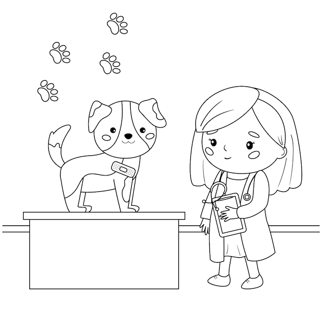Cartoon kawaii veterinarian and dog with patch bandage. Coloring page for kids.