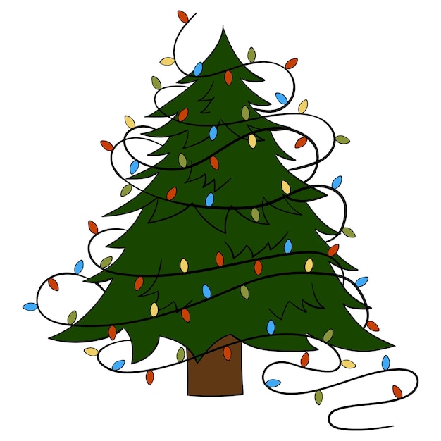 Cartoon kerstboom met kerstverlichting Vector Premium Vector