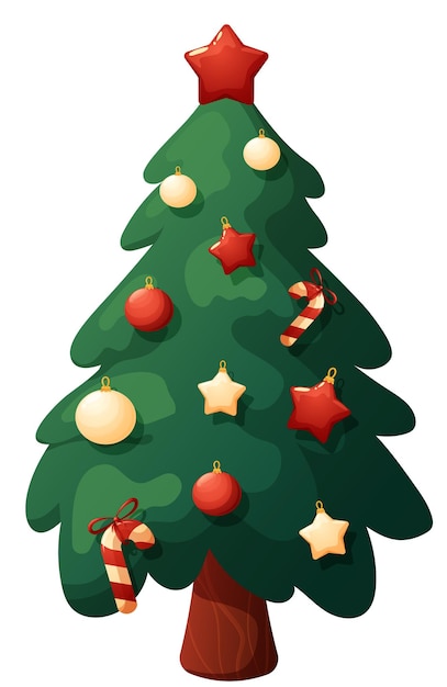 Vector cartoon kerstboom met wit en rood speelgoed op transparante achtergrond