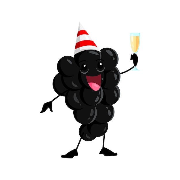 Cartoon kerstfeest blackberry berry personage draagt een feestelijke hoed, met een wijnglas met champagne. Vector personage vieren feest, het toevoegen van een heerlijke en charmante touch aan de viering