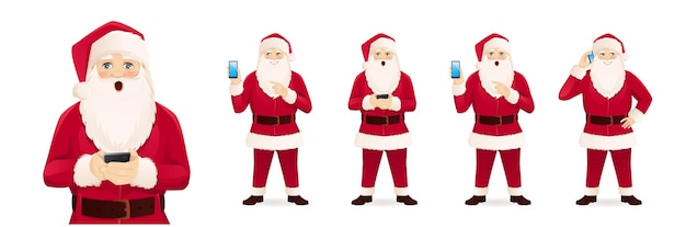 Cartoon kerstman personage in verschillende poses met mobiele telefoon praten sms'en en