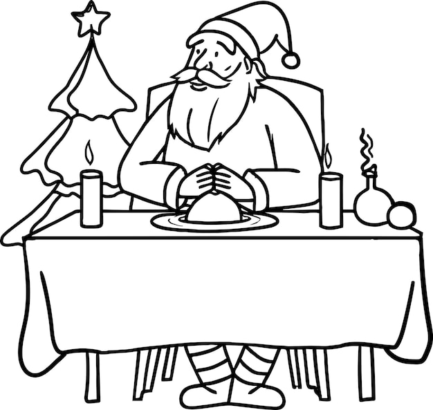 Cartoon Kerstman zittend aan tafel voor het kerstdiner, zwart-wit, kleurplaat.