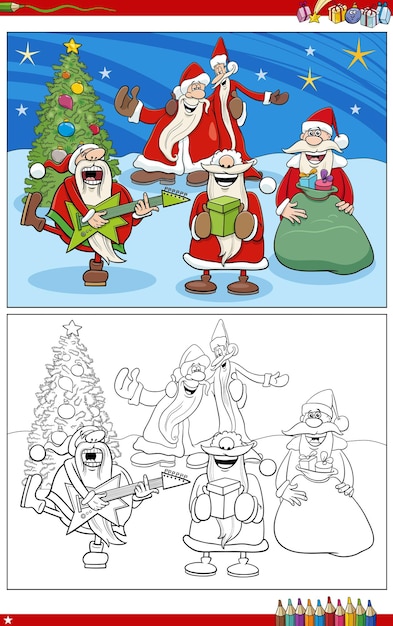 Cartoon kerstmannen op kerst kleurplaat