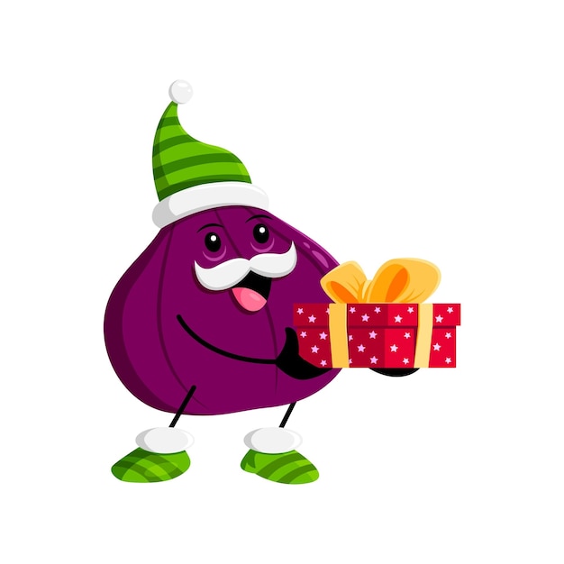 Cartoon Kerstmis rijpe rauwe vijgen fruit personage met geschenk doos. Geïsoleerde vector Santa helper personage met hedendaagse, snor en vrolijke glimlach, draag groene gestreepte elf hoed, het verspreiden van vakantie vrolijkheid