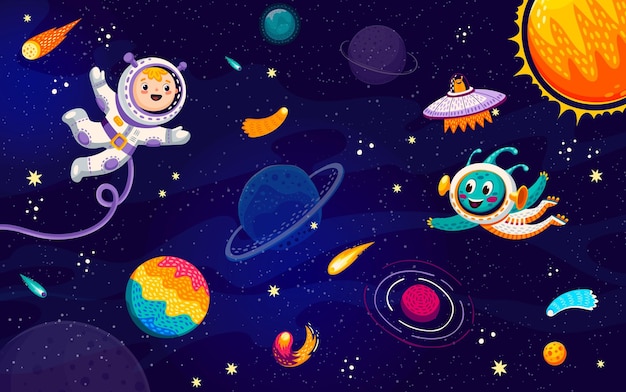 Cartoon kid astronaut and alien in outer space starry galaxy landscape vector background with space planets ufo spaceship comets nebulae and stars funny spaceman and martian characters