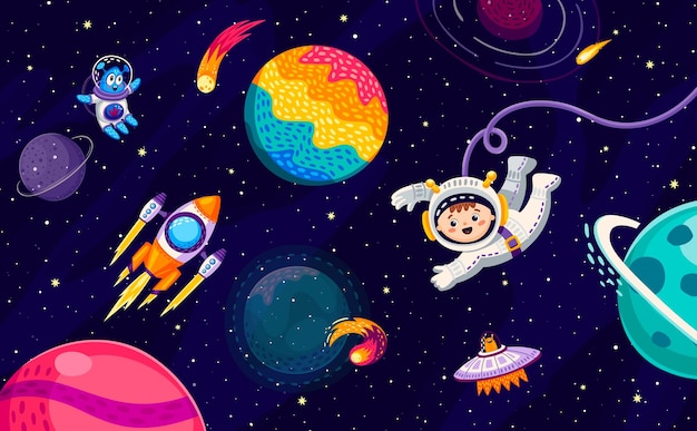 Cartoon kid astronaut alien ufo and rocket spaceship at starry galaxy landscape Vector baby boy spaceman travel in outer space Funny cosmonaut float in weightlessness in fantasy celestial world