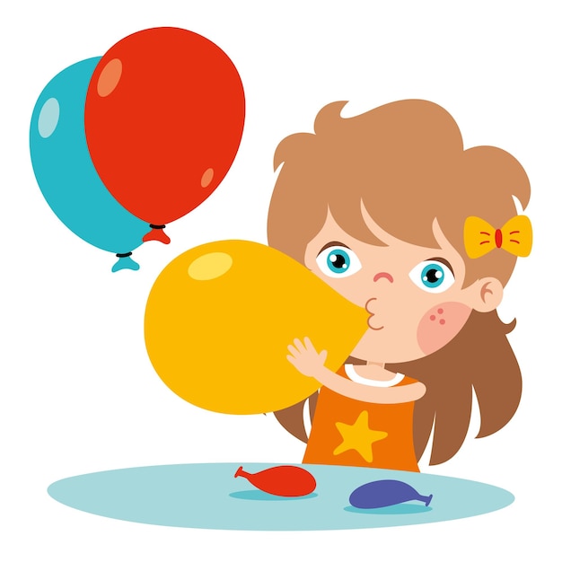 Cartoon kid che soffia palloncino colorato