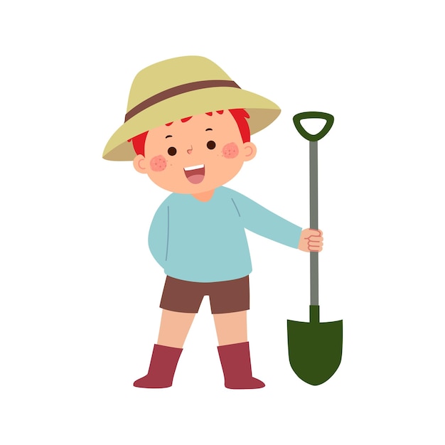 Vector cartoon kid boy gardener with a shovel