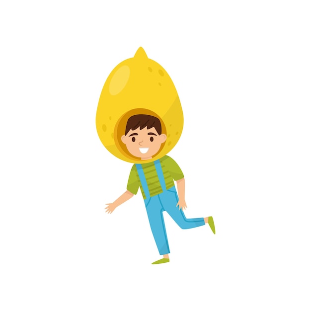 Cartoon kid character in bright fruit costume Smiling little boy in headwear in form of lemon Flat vector illustration