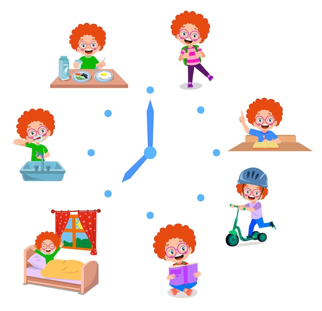 Cartoon kid daily routine activities set