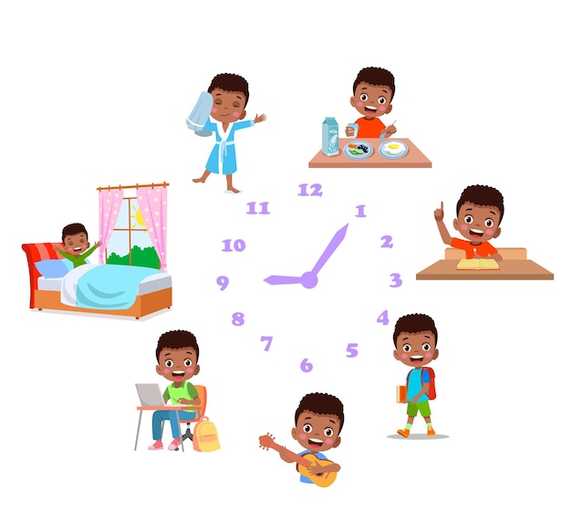 Cartoon kid daily routine activities set