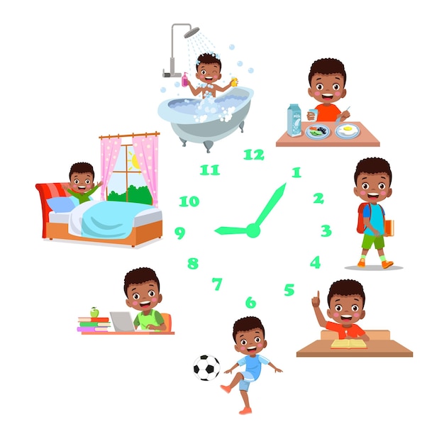 Vector cartoon kid daily routine activities set