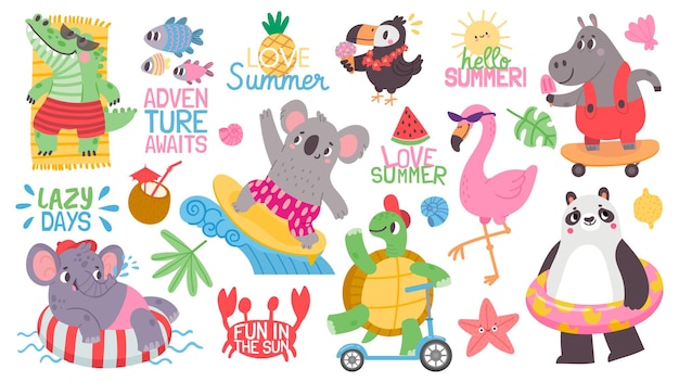 Cartoon kid dierlijke zomervakantie activiteit op strand koala surfer flamingo en olifant zwemmen op opblaasbare ring tropical party vector set