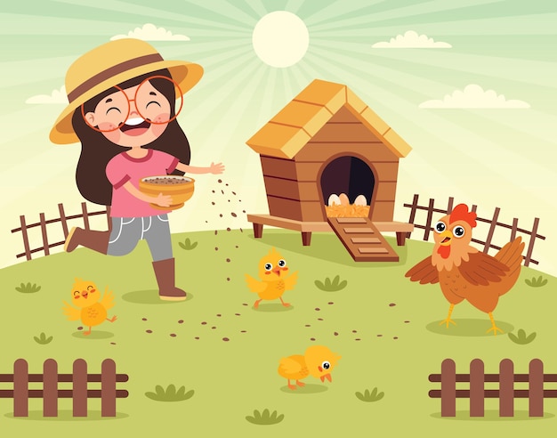 Cartoon Kid Feeding Chicken And Chicks