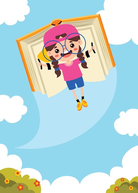 Cartoon kid flying with book