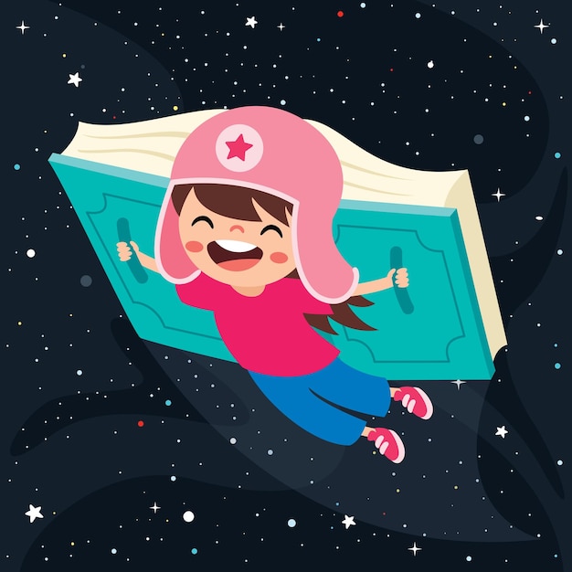 Cartoon Kid Flying With Book