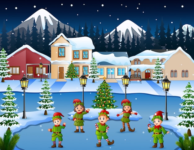 Cartoon of kid group wearing elf costume dancing in the snowy village