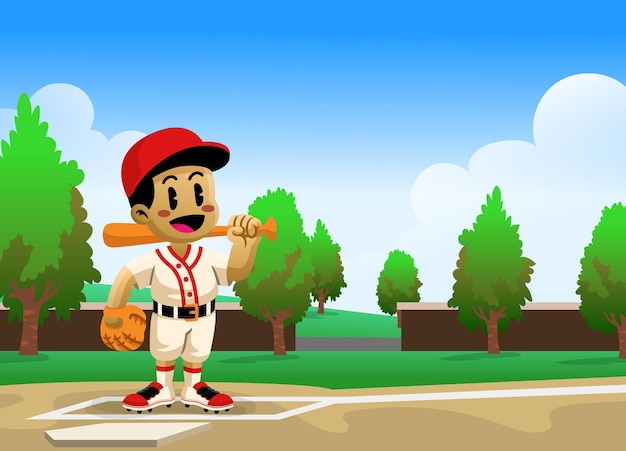 Cartoon Kid Playing Baseball in Field