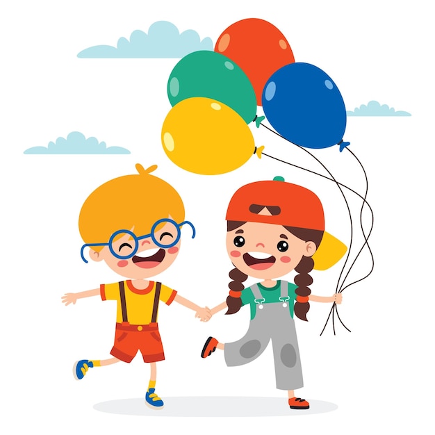 Cartoon Kid Playing With Balloons