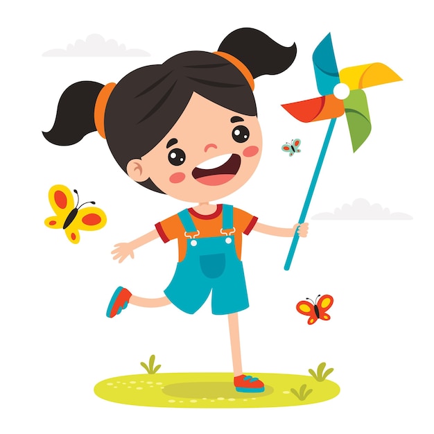 Vector cartoon kid playing with wind rose