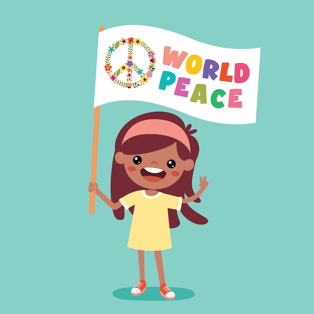 Vector cartoon kid posing with peace sign