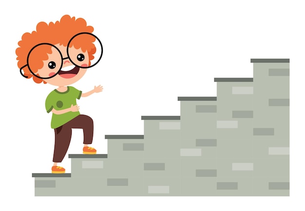 Vector cartoon kid walking on stairs