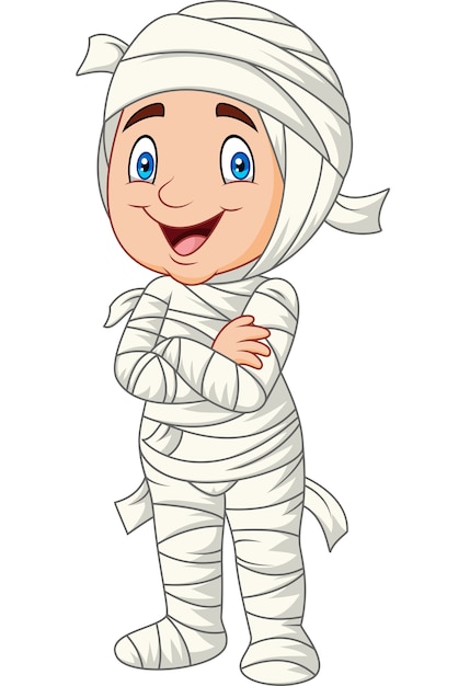 Cartoon kid wearing mummy costume isolated