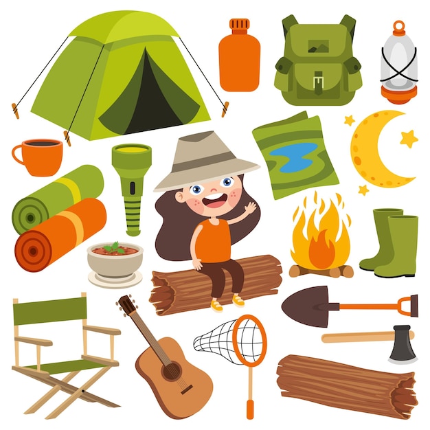 Cartoon Kid With Camping Elements