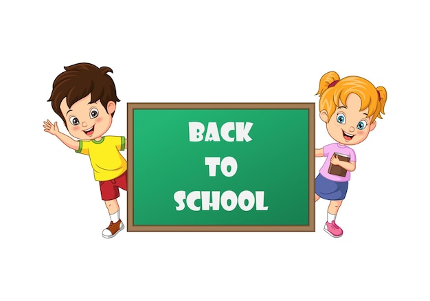 Cartoon kids back to school standing behind blackboard