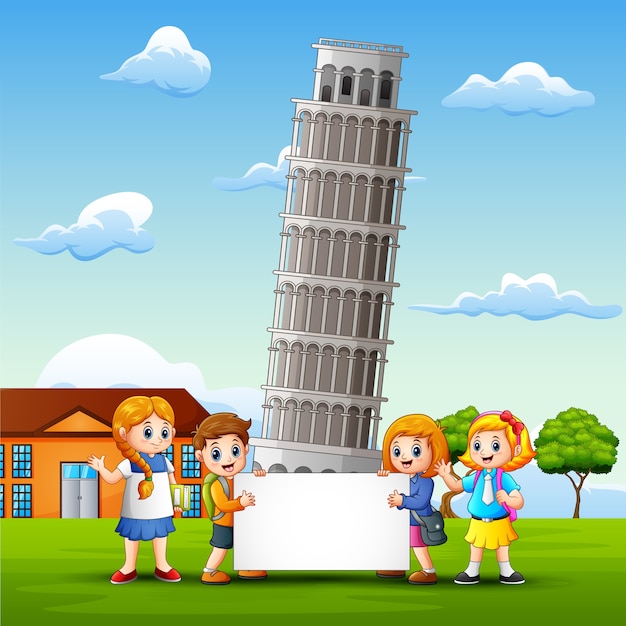 Cartoon kids bring a whiteboard in front of pisa tower background