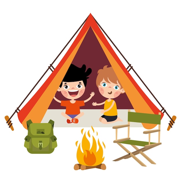 Vector cartoon kids camping at nature