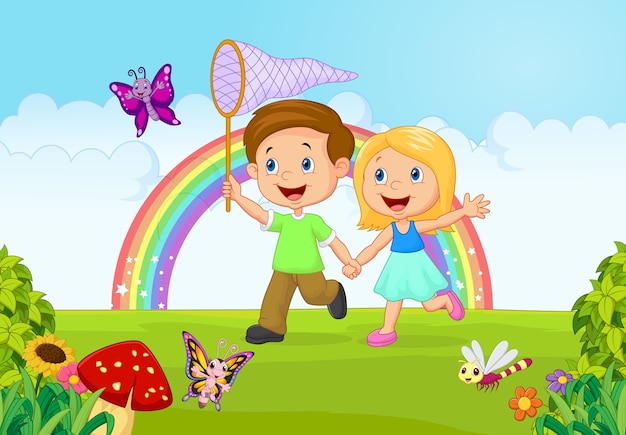 Мультфильм детей ловить бабочку в джунглях