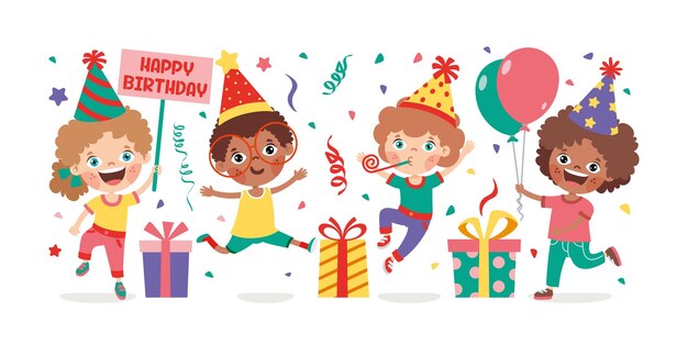 Bambini del fumetto che celebrano la festa di compleanno