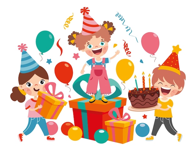 Cartoon Kids Celebrating Birthday Party