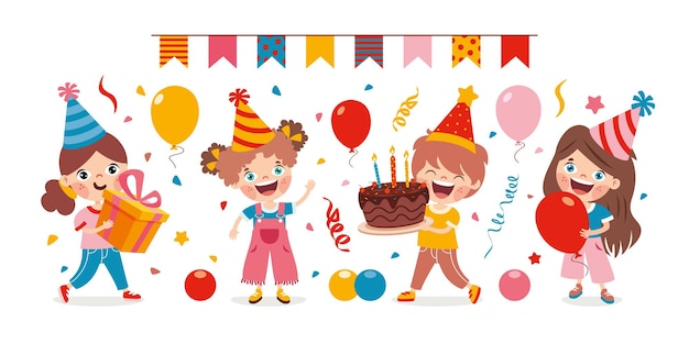 Cartoon Kids Celebrating Birthday Party