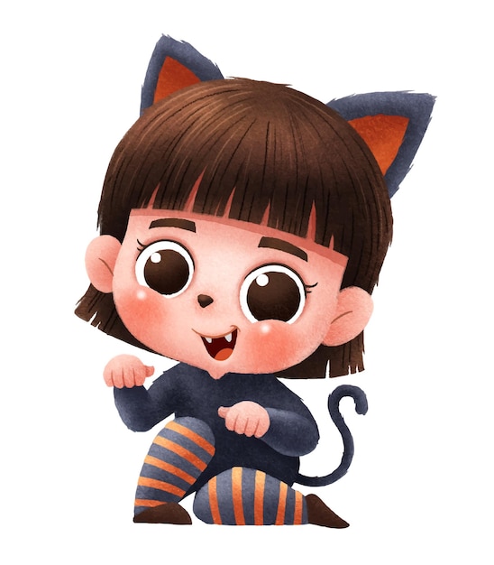 漫画の子供のキャラクター。猫のコスチューム。ハッピーハロウィン。