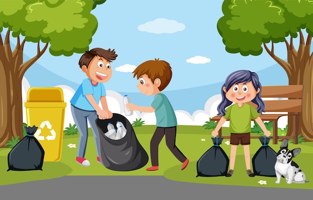 Мультяшные дети собирают мусор в парке