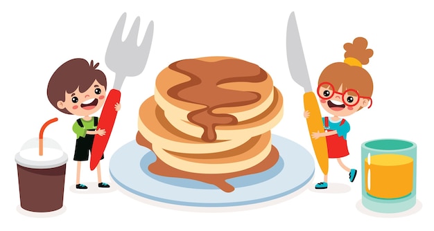 Vector cartoon kids eating a pancake