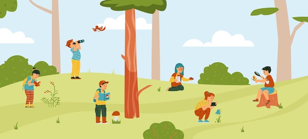 Vector cartoon kids exploring nature in spring garden in flat vector illustration