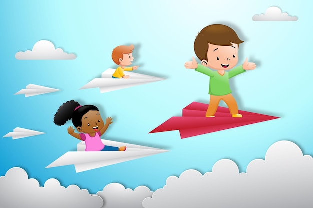 Cartoon of kids flying on paper plane