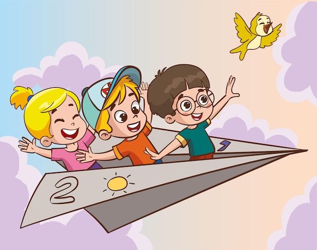紙飛行機で飛ぶアニメの子供たち紙飛行機に乗る子供たちベクトルイラスト