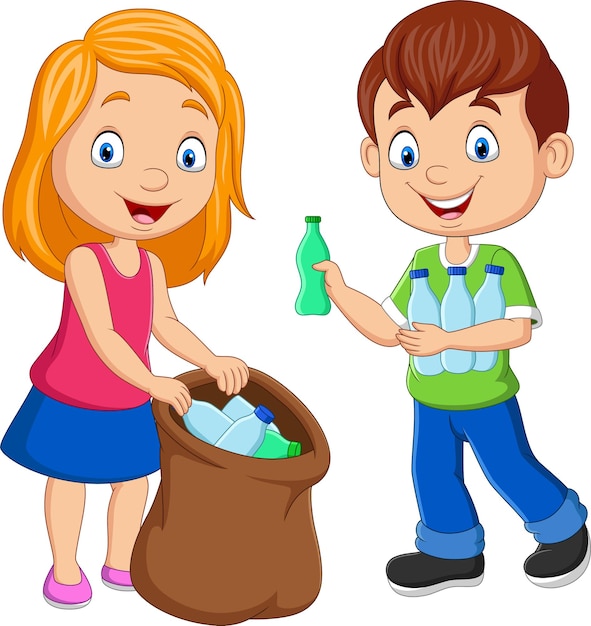 Bambini del fumetto che raccolgono bottiglie di plastica nel sacco della spazzatura