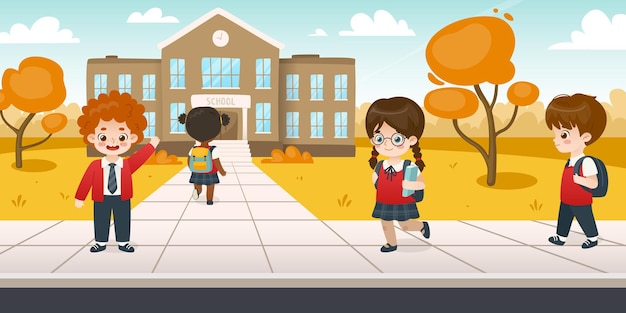 만화 속 아이들은 가을에 학교에 갑니다.