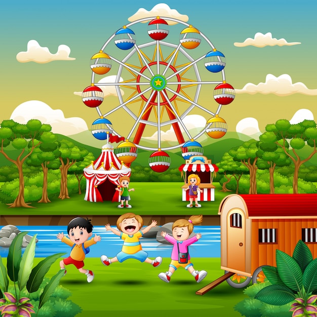 Cartoon of kids having fun at amusement park