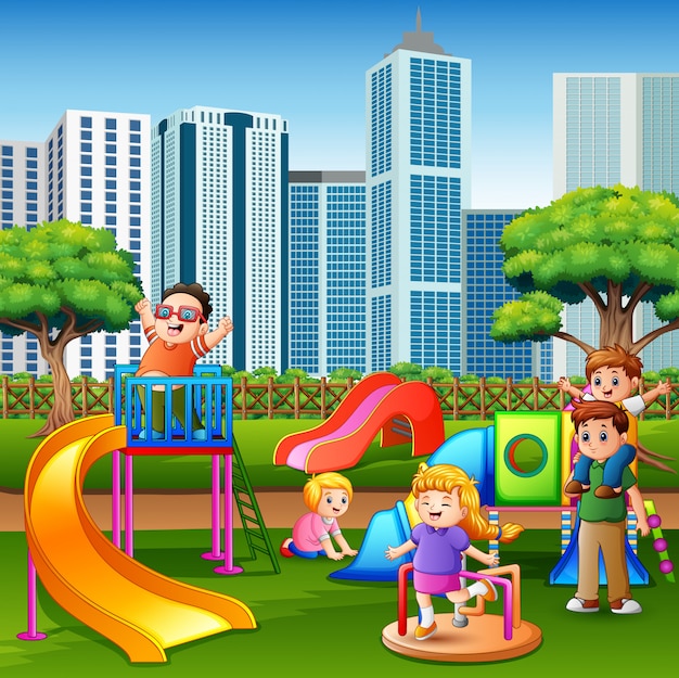 Cartoon kids having fun together on playground
