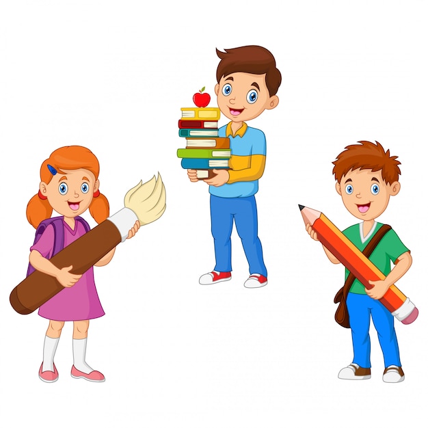 Cartoon Kids hold pencil with book and brush