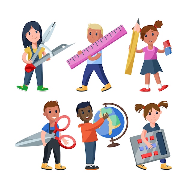 Cartoon kids holding big stationery vector illustrations set. Funny children with ruler, calculator, scissors, globe, pencil for school lessons and work. Stationery, back to school, education concept