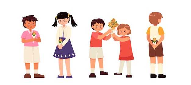 Cartoon kids holding flower illustration