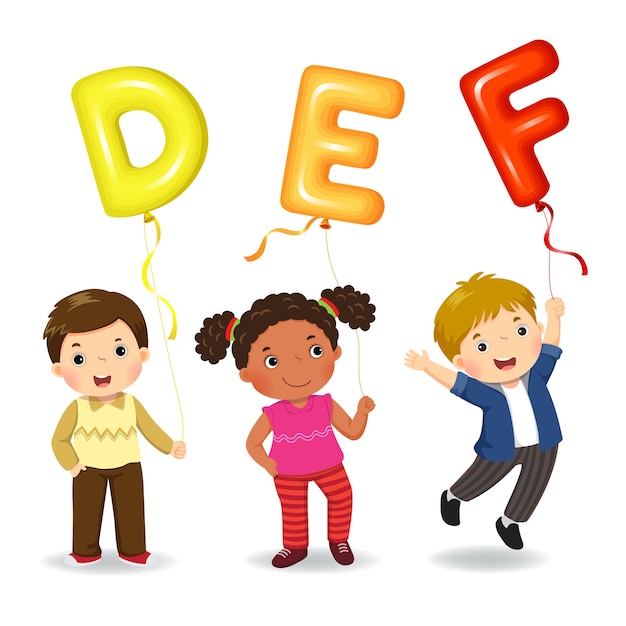 Vector cartoon kids holding letter shaped balloons