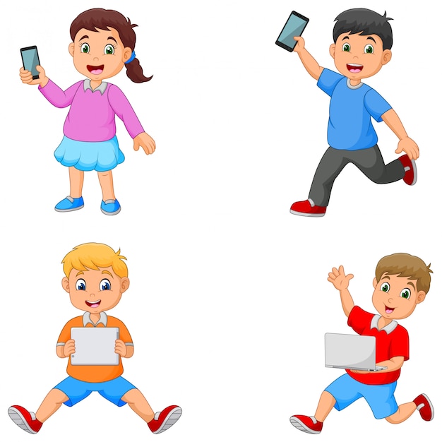 Vector cartoon kids holding tablet phone and laptop